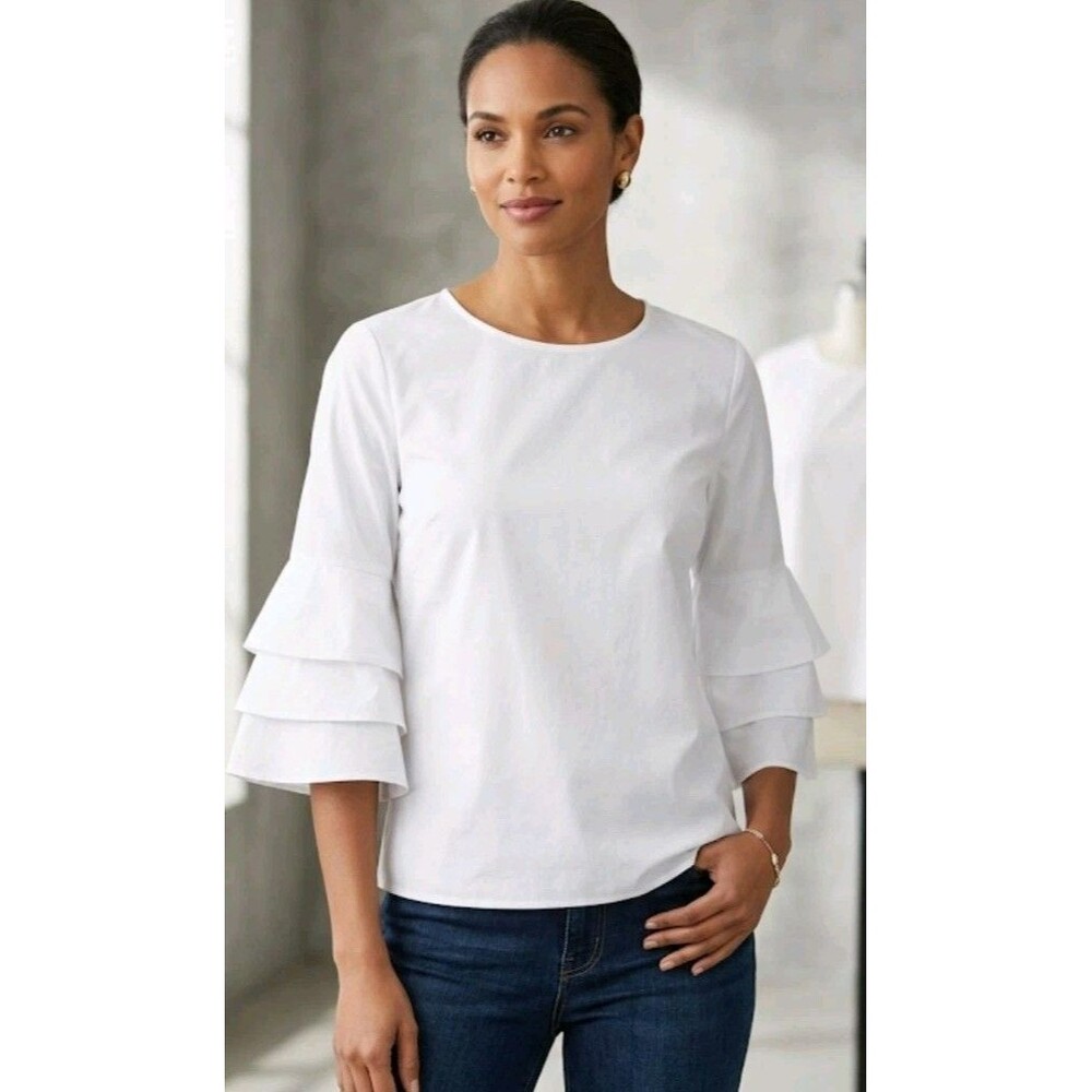 Vivid Importers Of NY Top White Flare Layer Sleeves Back Tie Size L 100% Cotton